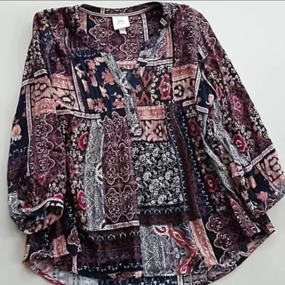 Knox Rose Boho Top Navy Floral Multi color Print 3/4 Sleeve Small